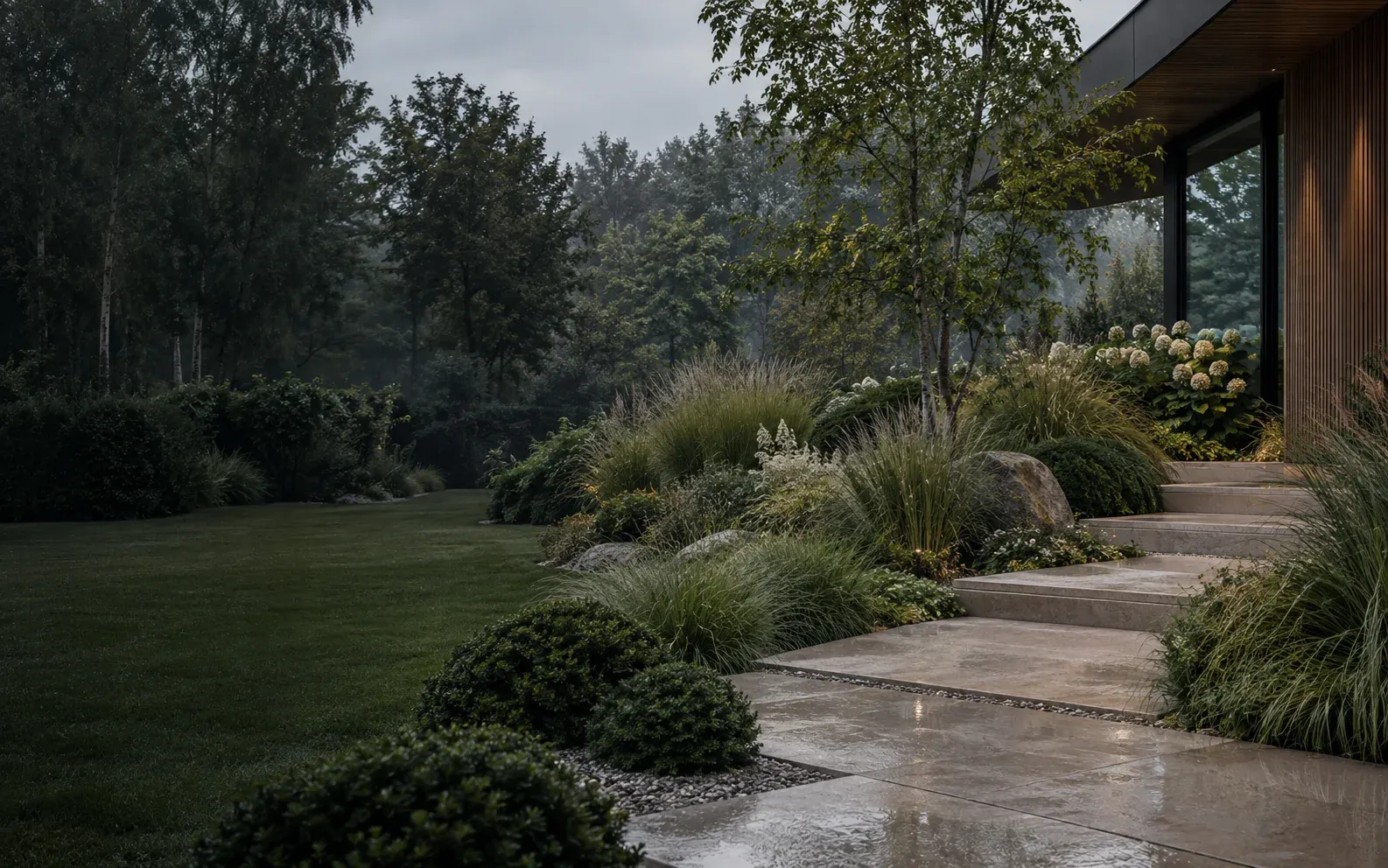 Contemporary garden with layered planting and pale stone paths after rain