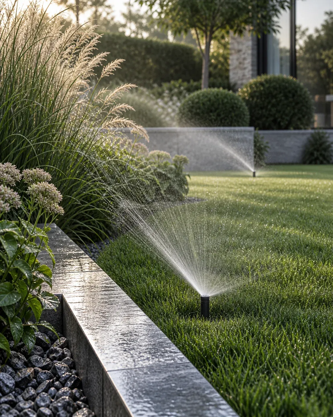 Irrigation system watering a lawn beside ornamental grasses
